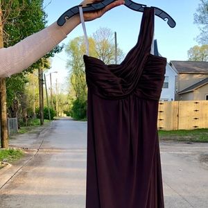 Brown full length jersey knit and satin gown